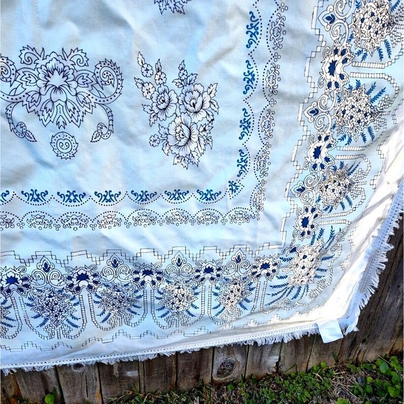 Alpha Ittech Tex Printed Blue Gray Silver Floral Tablecloth 85x53 Geometric Star - Picture 4 of 11